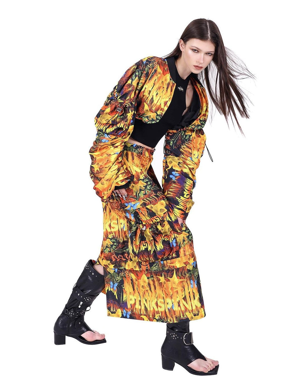 PINKSPINK Flame Motif Oversized Sleeve Uv Protection Women's Polyester Cropped Jackets
