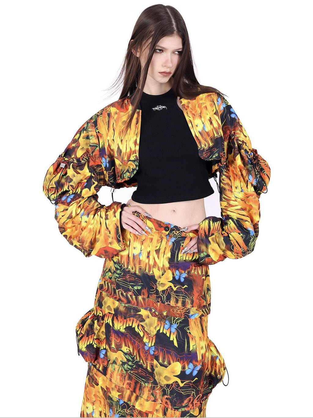 PINKSPINK Flame Motif Oversized Sleeve Uv Protection Women's Polyester Cropped Jackets