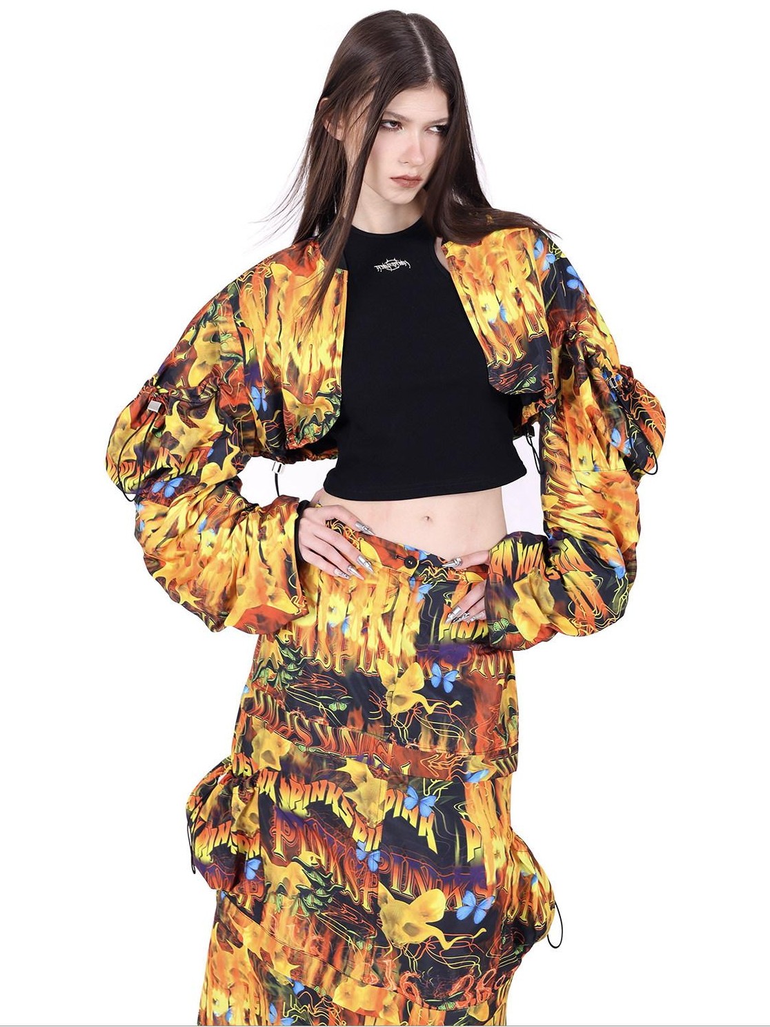 PINKSPINK Flame Motif Oversized Sleeve Uv Protection Women's Polyester Cropped Jackets