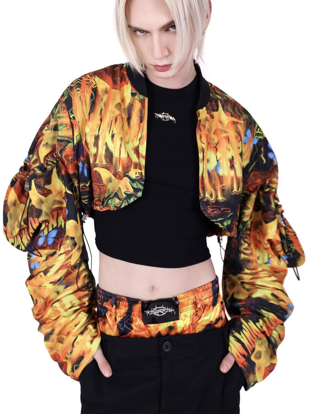 PINKSPINK Flame Motif Oversized Sleeve Uv Protection Women's Polyester Cropped Jackets