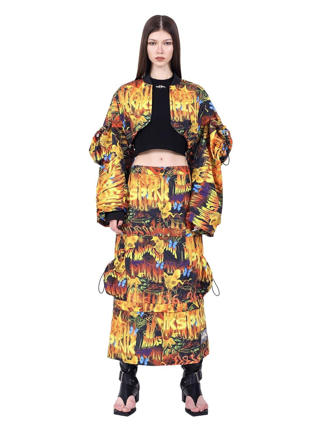 PINKSPINK Flame Motif Oversized Sleeve Uv Protection Women's Polyester Cropped Jackets