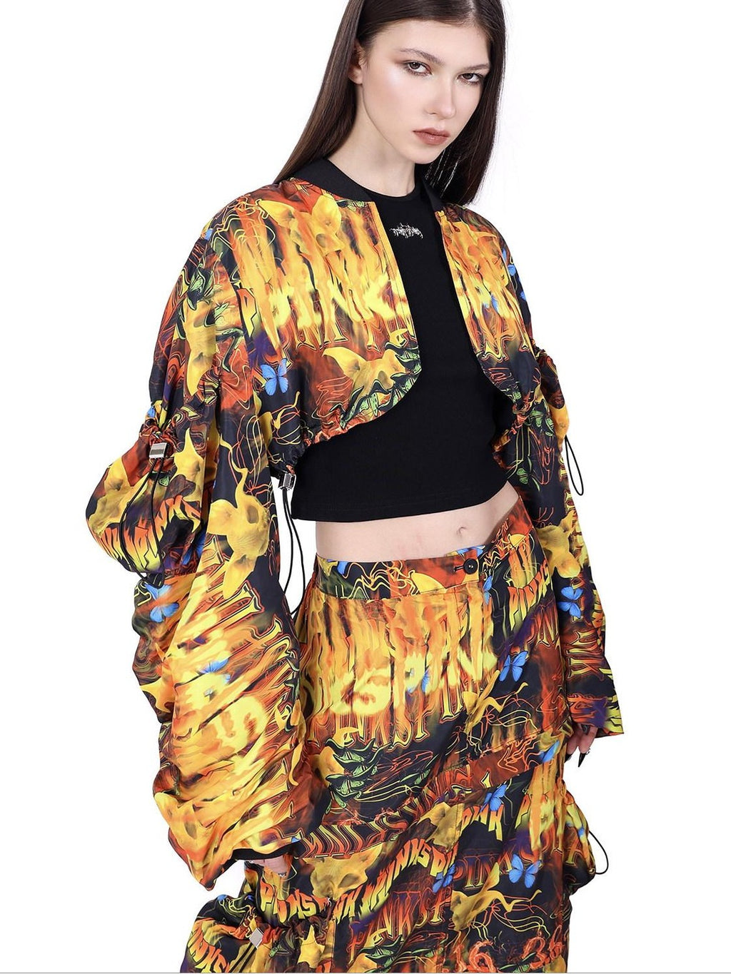 PINKSPINK Flame Motif Oversized Sleeve Uv Protection Women's Polyester Cropped Jackets