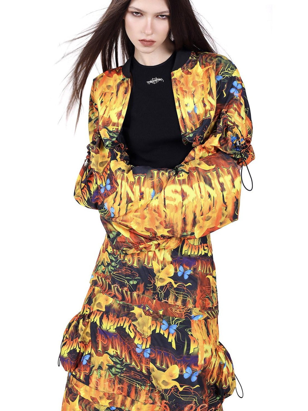 PINKSPINK Flame Motif Oversized Sleeve Uv Protection Women's Polyester Cropped Jackets