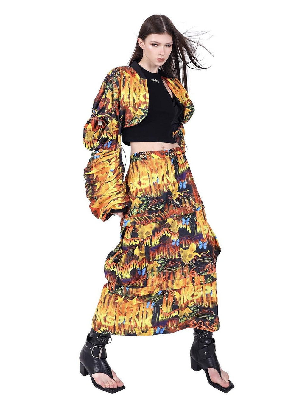 PINKSPINK Flame Motif Oversized Sleeve Uv Protection Women's Polyester Cropped Jackets