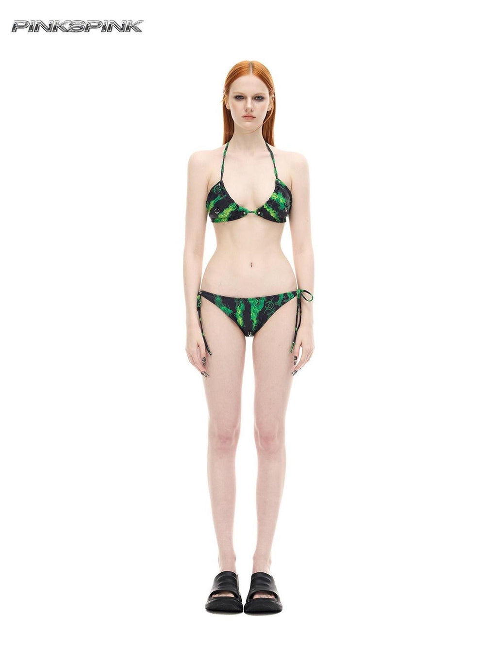 PINKSPINK Flame Neon Green Ring Detail Women's Polyester Triangle Bikinis