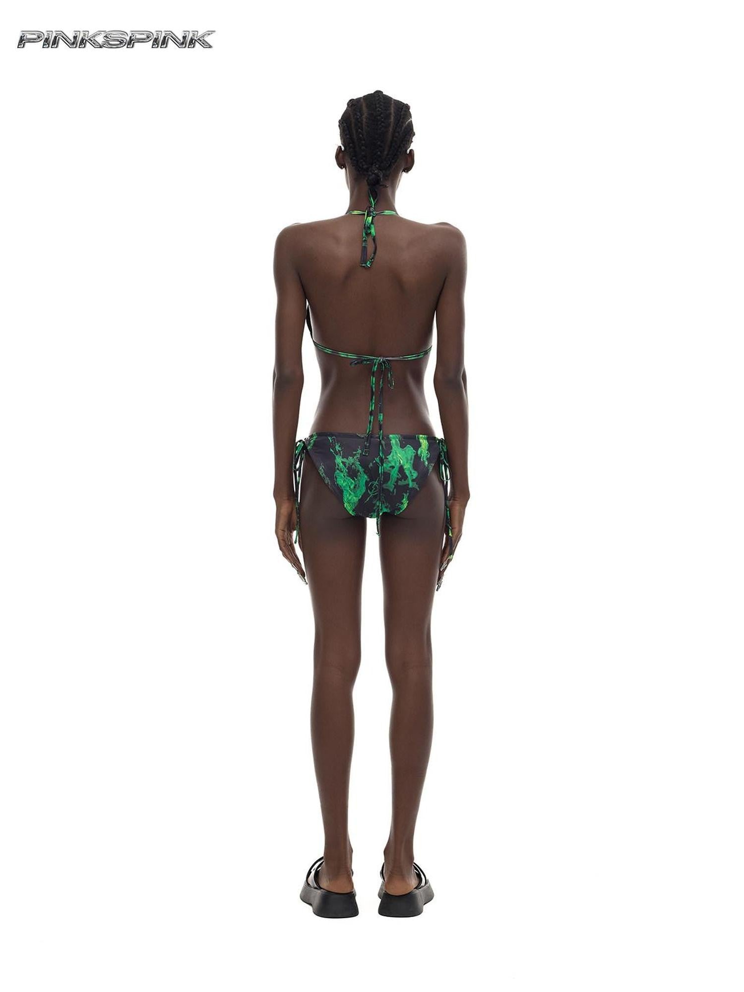 PINKSPINK Flame Neon Green Ring Detail Women's Polyester Triangle Bikinis
