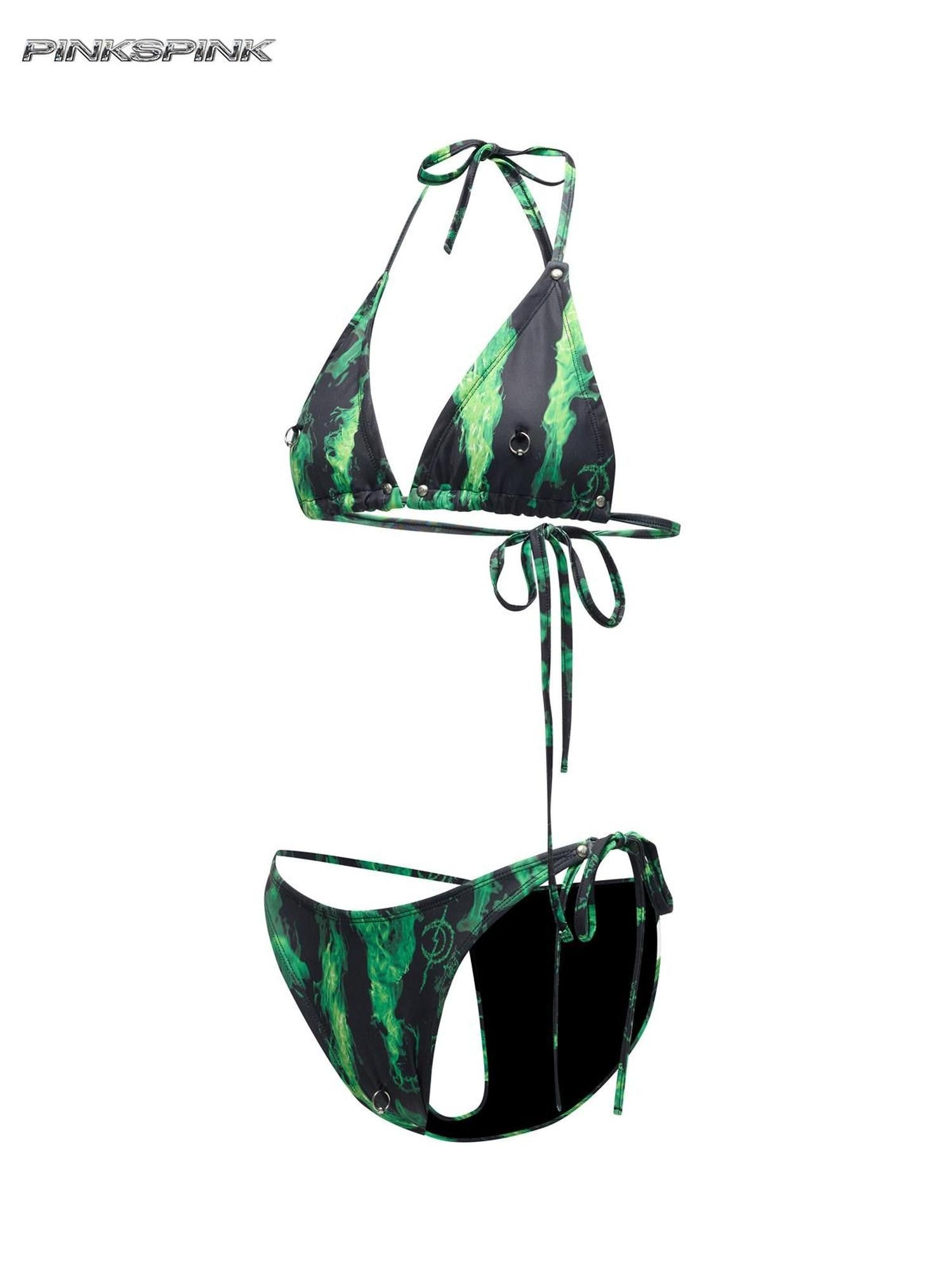 PINKSPINK Flame Neon Green Ring Detail Women's Polyester Triangle Bikinis