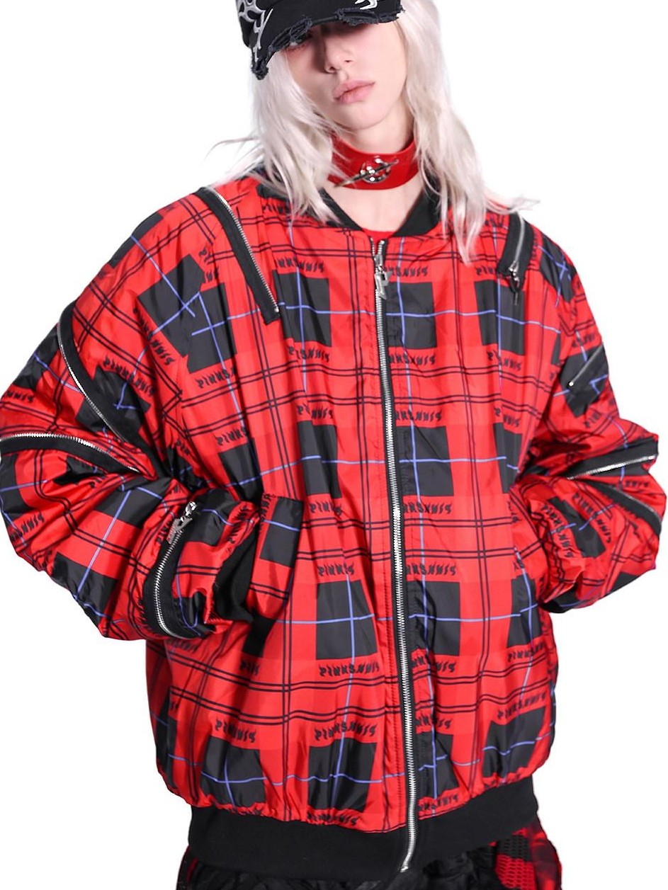 PINKSPINK Flame Red Plaid Structured Zipper Patchwork Women's Cotton Padded Puffer Jackets
