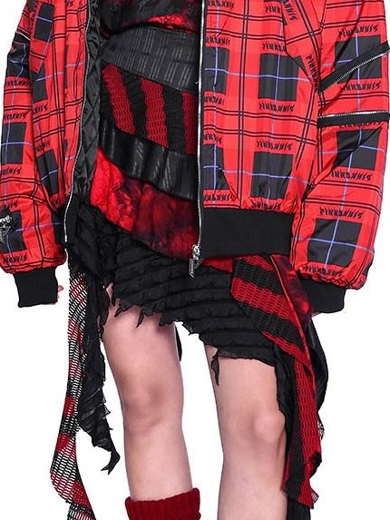 PINKSPINK Flame Red Plaid Structured Zipper Patchwork Women's Cotton Padded Puffer Jackets