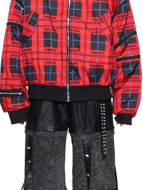 PINKSPINK Flame Red Plaid Structured Zipper Patchwork Women's Cotton Padded Puffer Jackets