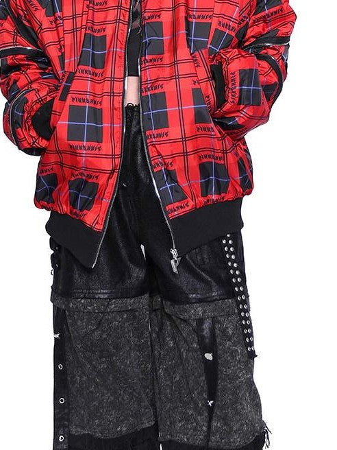 PINKSPINK Flame Red Plaid Structured Zipper Patchwork Women's Cotton Padded Puffer Jackets