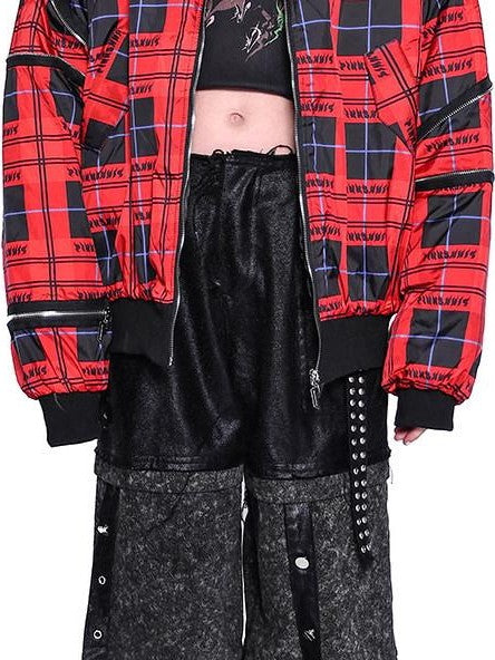 PINKSPINK Flame Red Plaid Structured Zipper Patchwork Women's Cotton Padded Puffer Jackets