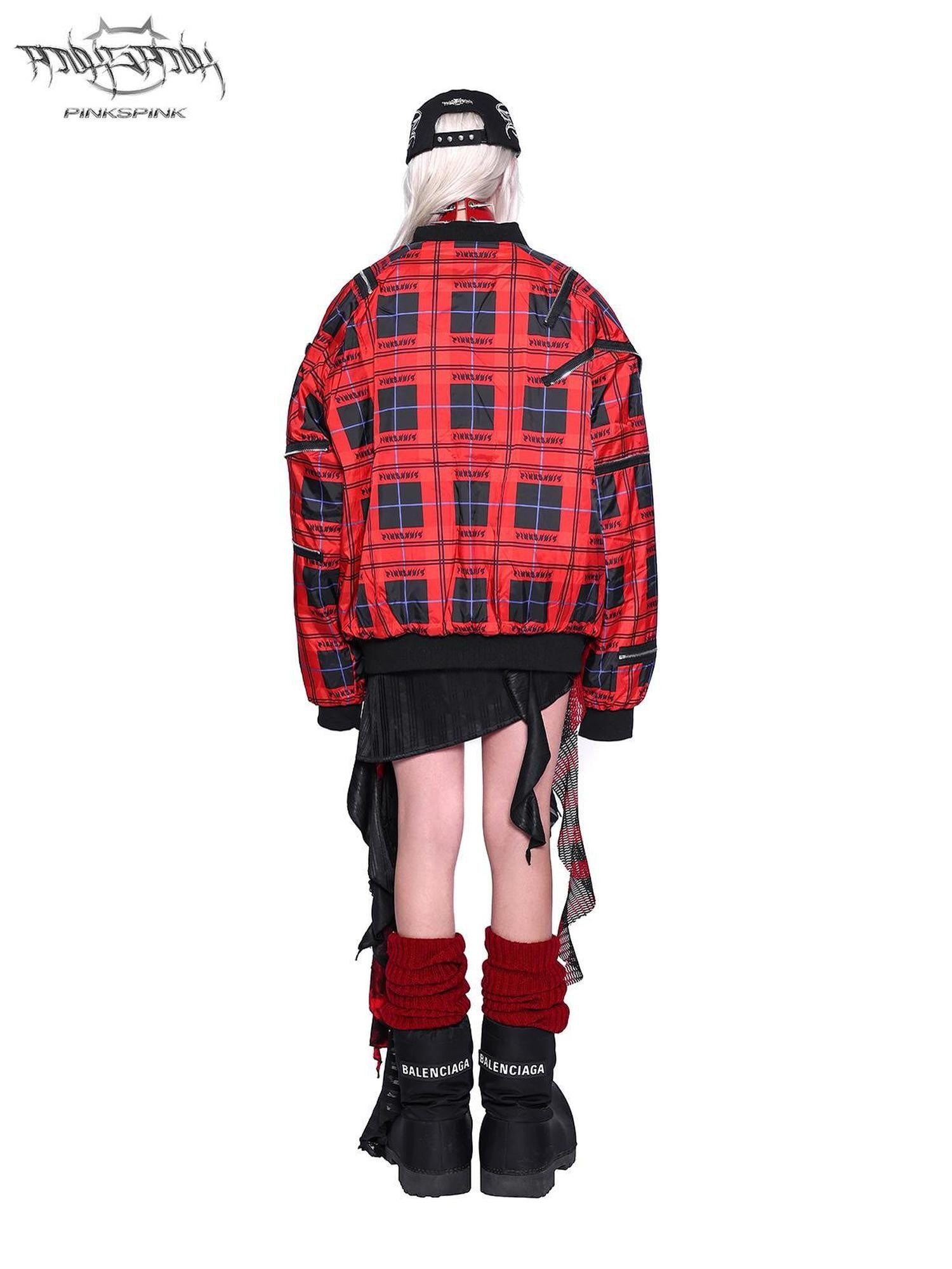 PINKSPINK Flame Red Plaid Structured Zipper Patchwork Women's Cotton Padded Puffer Jackets