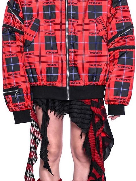 PINKSPINK Flame Red Plaid Structured Zipper Patchwork Women's Cotton Padded Puffer Jackets