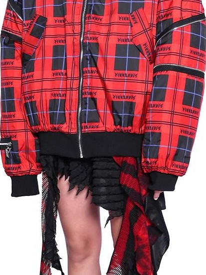 PINKSPINK Flame Red Plaid Structured Zipper Patchwork Women's Cotton Padded Puffer Jackets