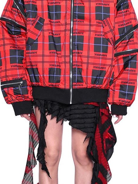PINKSPINK Flame Red Plaid Structured Zipper Patchwork Women's Cotton Padded Puffer Jackets