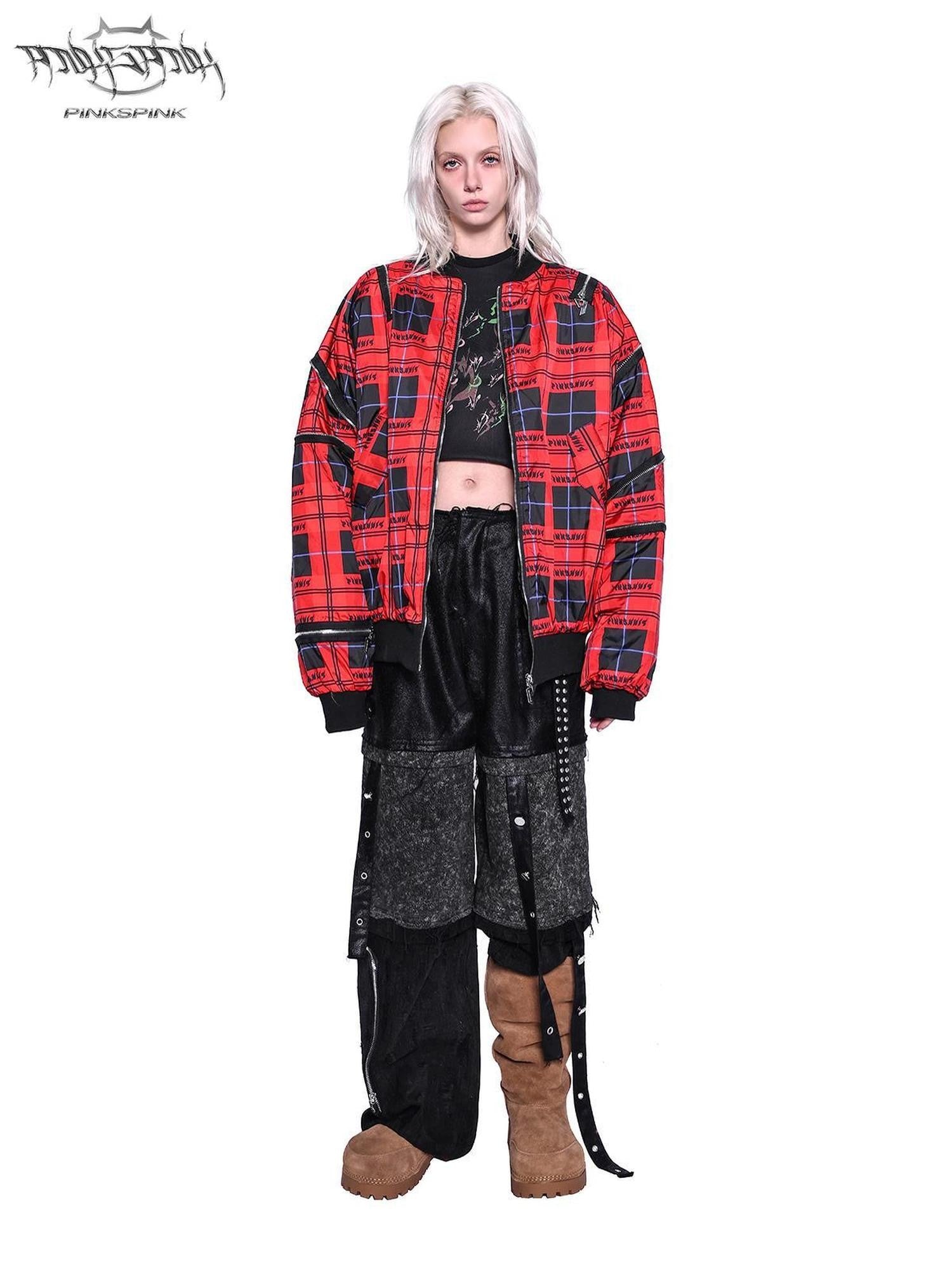 PINKSPINK Flame Red Plaid Zipper Patchwork Stand Collar Rock Punk Women's Puffer Jackets