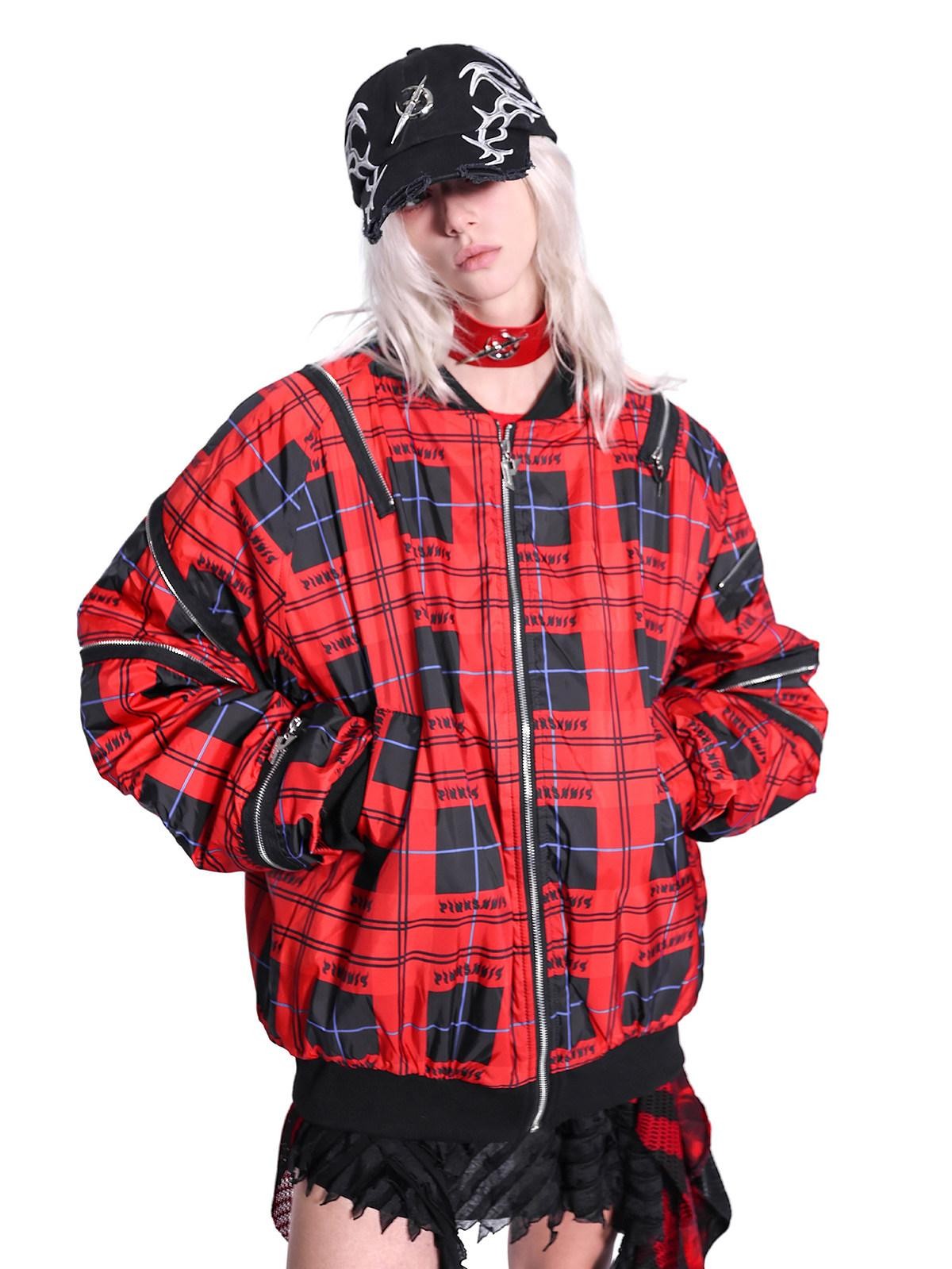 PINKSPINK Flame Red Plaid Zipper Patchwork Stand Collar Rock Punk Women's Puffer Jackets