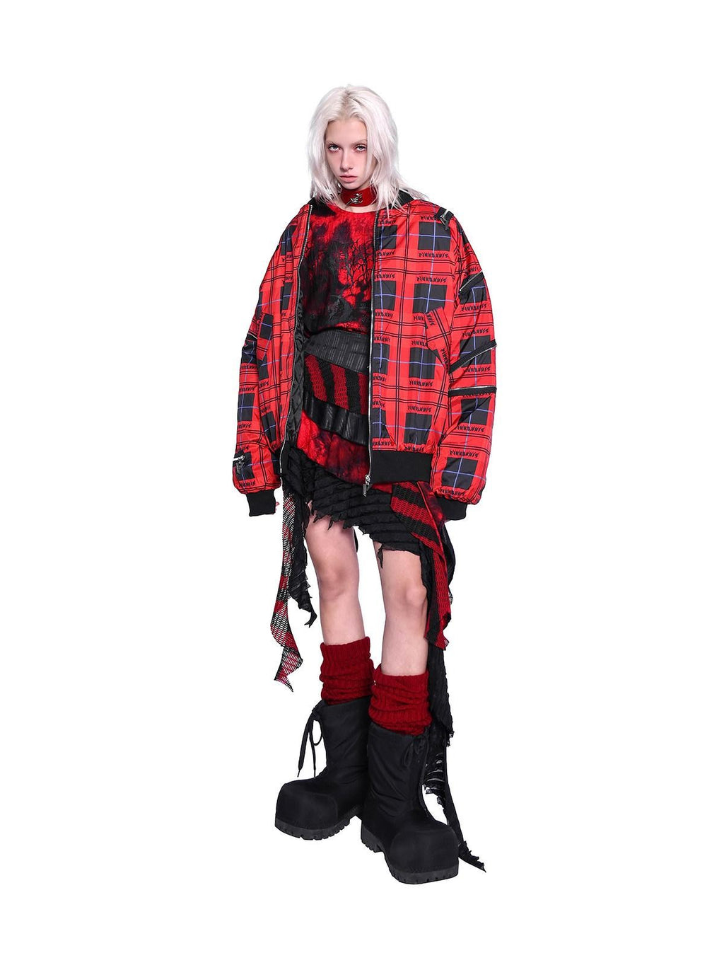 PINKSPINK Flame Red Plaid Zipper Patchwork Stand Collar Rock Punk Women's Puffer Jackets