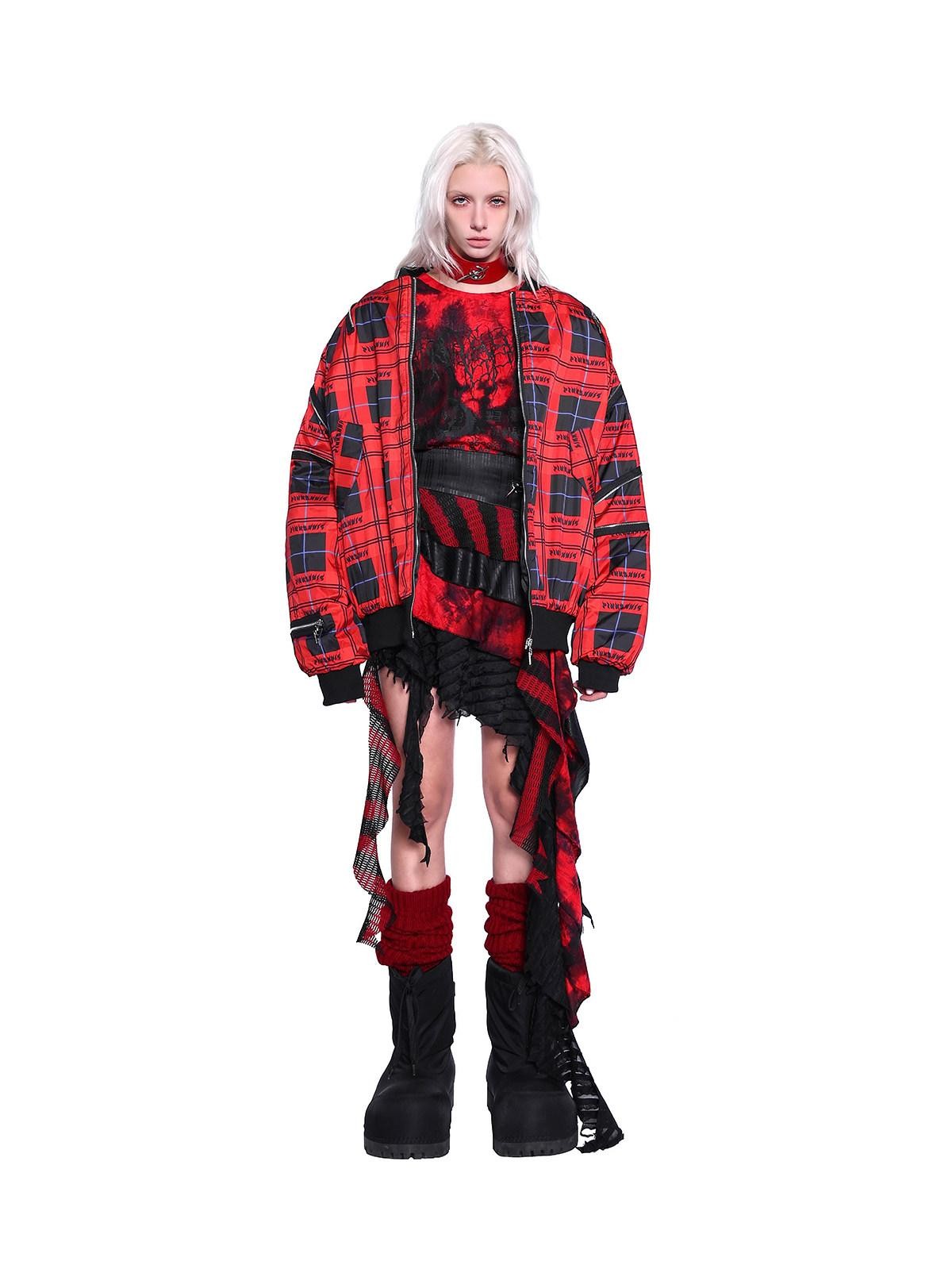 PINKSPINK Flame Red Plaid Zipper Patchwork Stand Collar Rock Punk Women's Puffer Jackets
