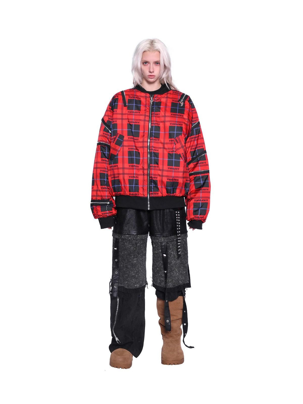 PINKSPINK Flame Red Plaid Zipper Patchwork Stand Collar Rock Punk Women's Puffer Jackets