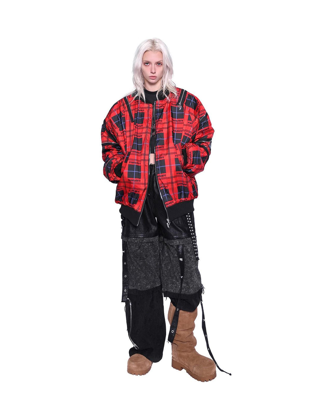 PINKSPINK Flame Red Plaid Zipper Patchwork Stand Collar Rock Punk Women's Puffer Jackets