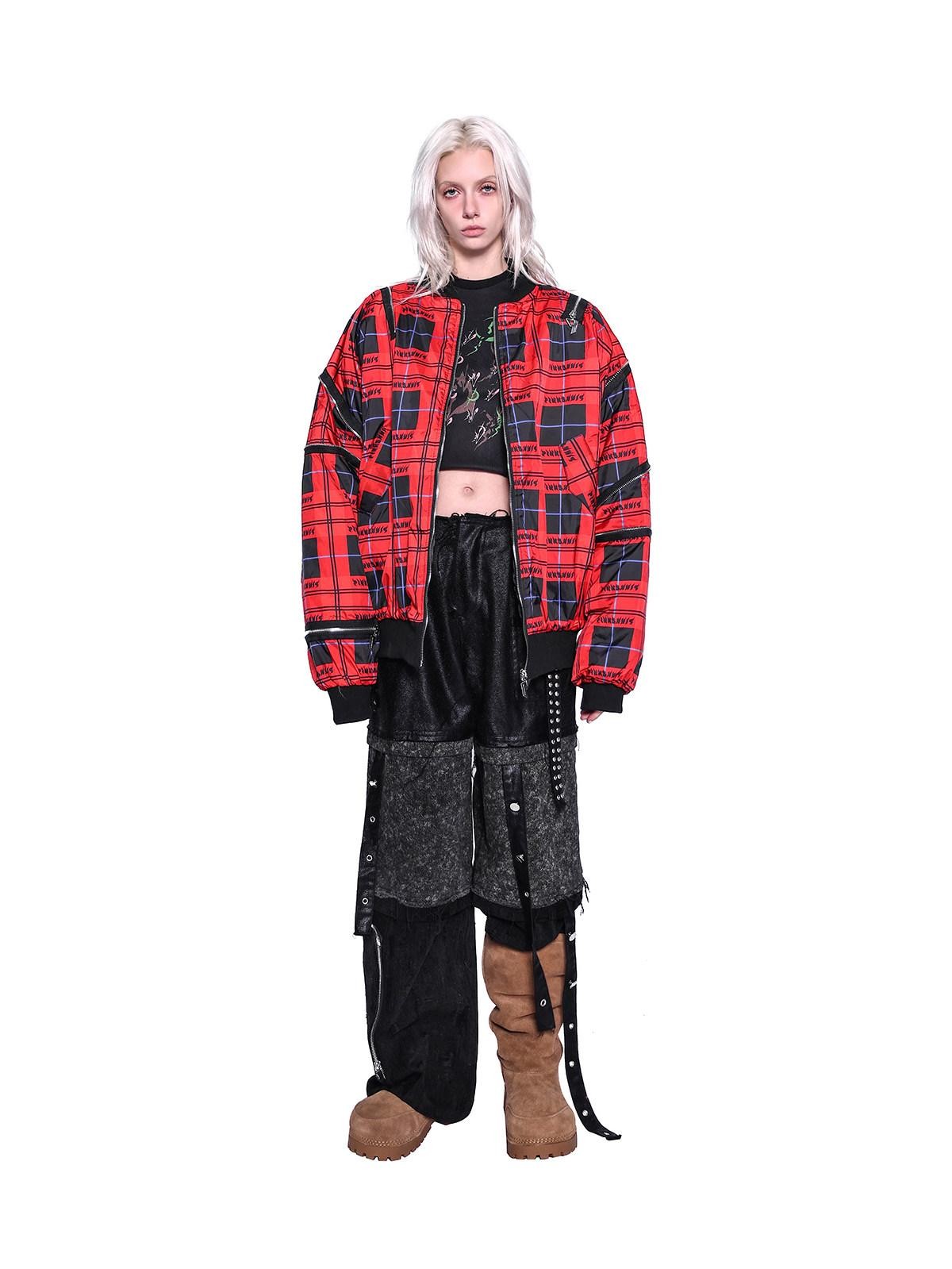 PINKSPINK Flame Red Plaid Zipper Patchwork Stand Collar Rock Punk Women's Puffer Jackets