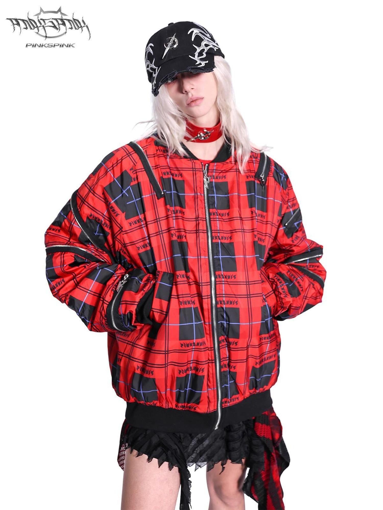 PINKSPINK Flame Red Plaid Zipper Patchwork Stand Collar Rock Punk Women's Puffer Jackets