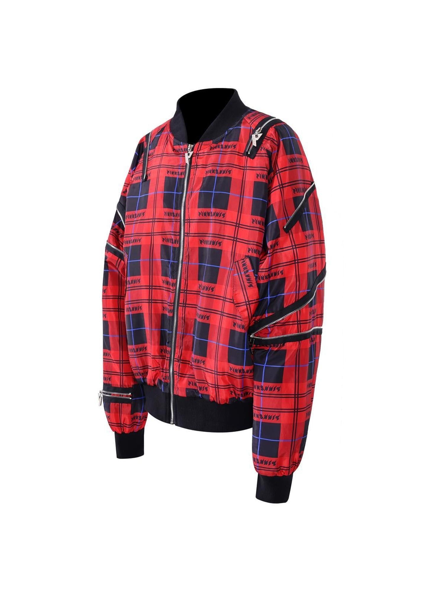 PINKSPINK Flame Red Plaid Zipper Patchwork Stand Collar Rock Punk Women's Puffer Jackets