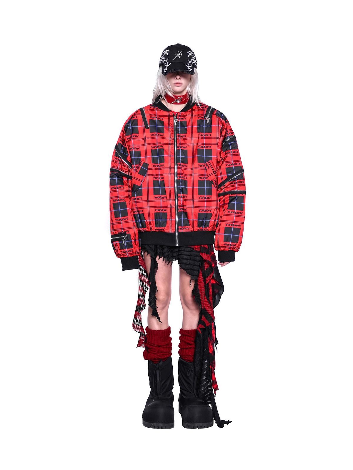 PINKSPINK Flame Red Plaid Zipper Patchwork Stand Collar Rock Punk Women's Puffer Jackets