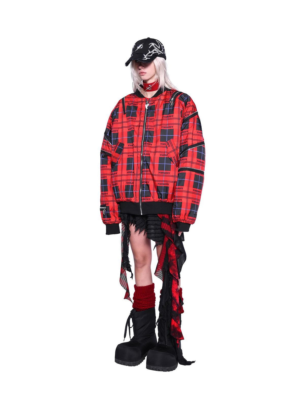 PINKSPINK Flame Red Plaid Zipper Patchwork Stand Collar Rock Punk Women's Puffer Jackets
