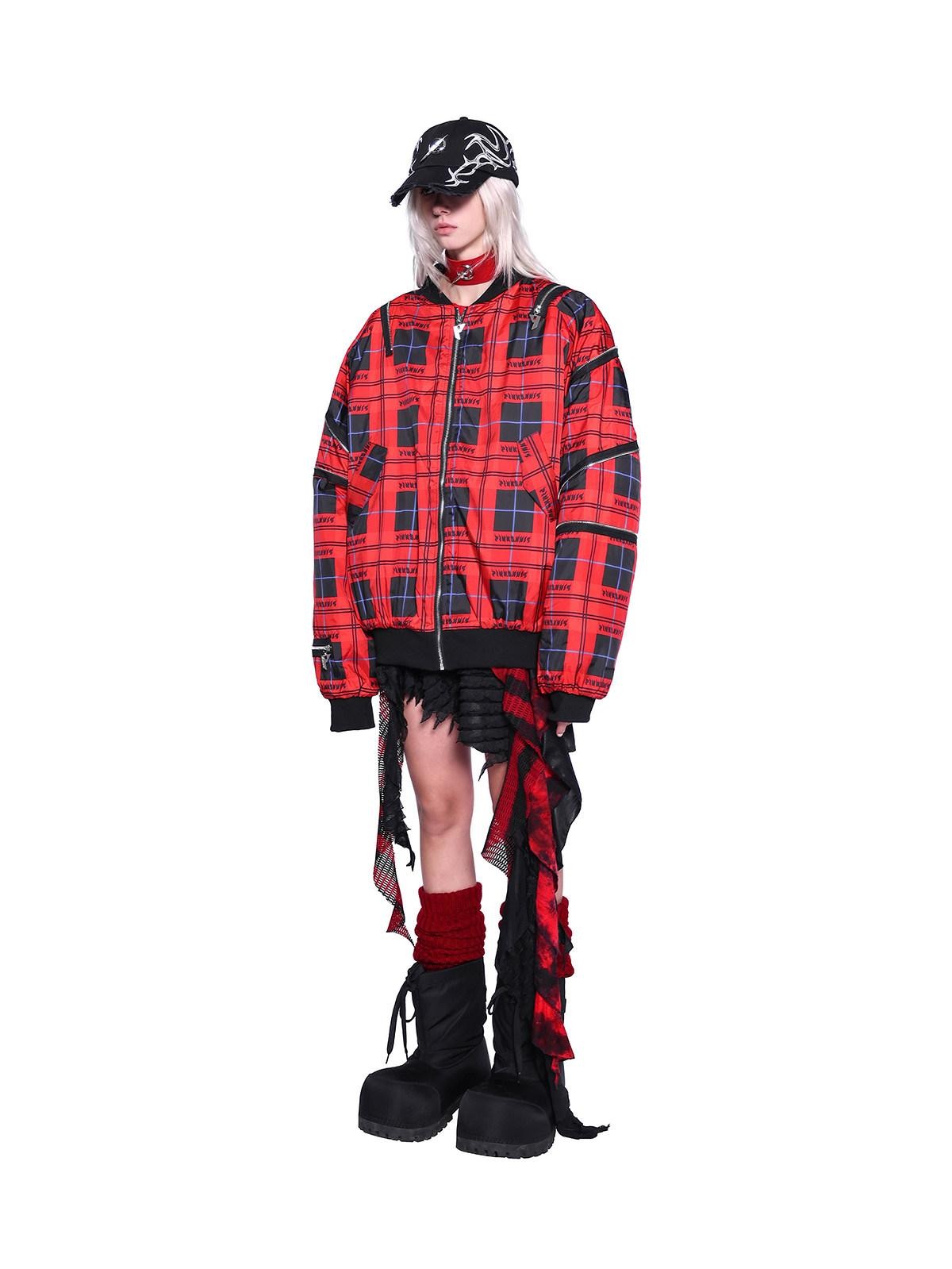 PINKSPINK Flame Red Plaid Zipper Patchwork Stand Collar Rock Punk Women's Puffer Jackets