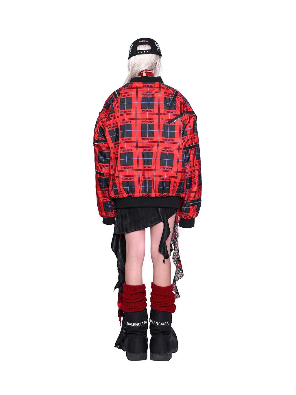 PINKSPINK Flame Red Plaid Zipper Patchwork Stand Collar Rock Punk Women's Puffer Jackets