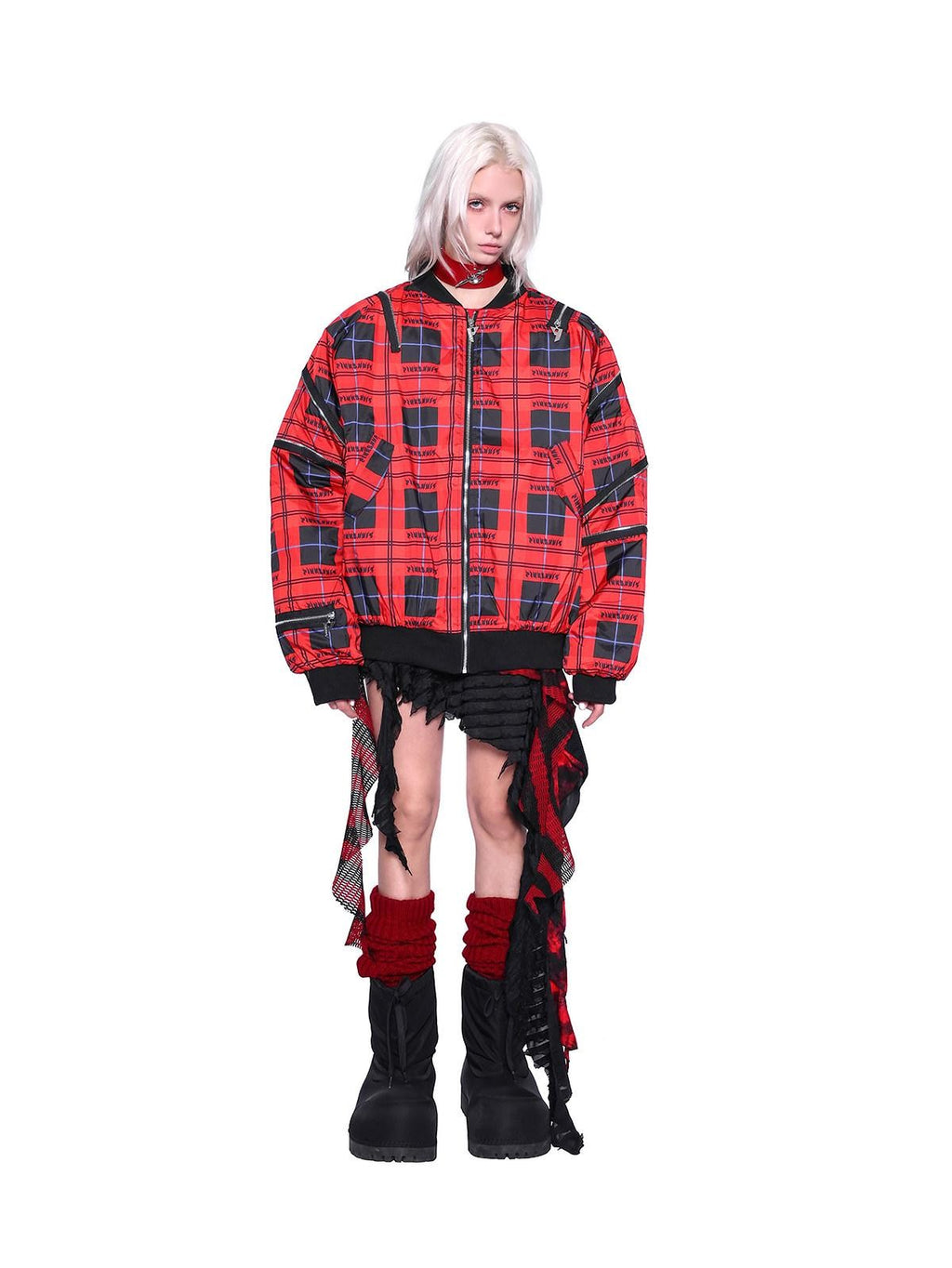 PINKSPINK Flame Red Plaid Zipper Patchwork Stand Collar Rock Punk Women's Puffer Jackets
