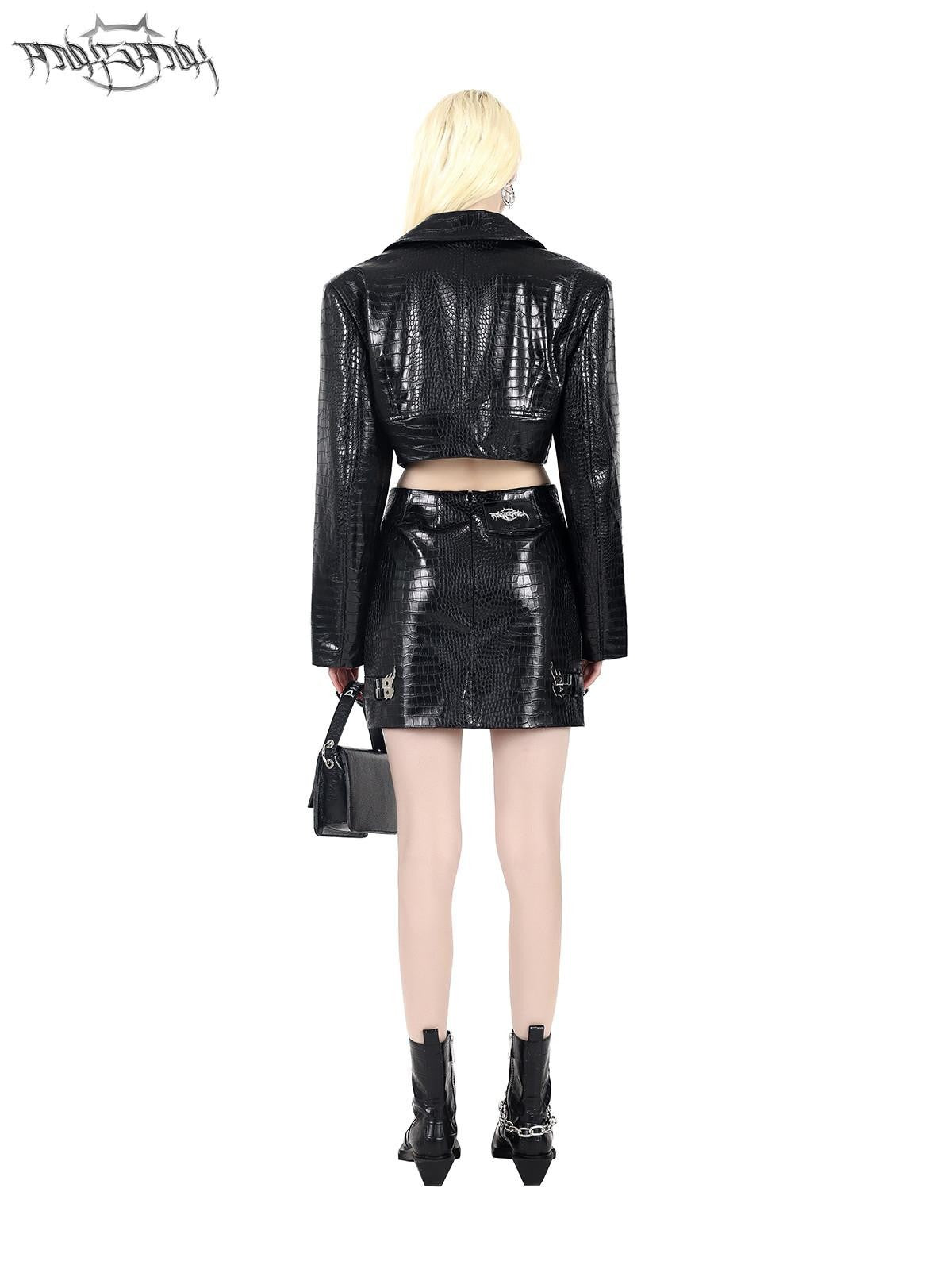 PINKSPINK Flame Snap Button Motorcycle Street Women's Leather Matching Skirt Sets