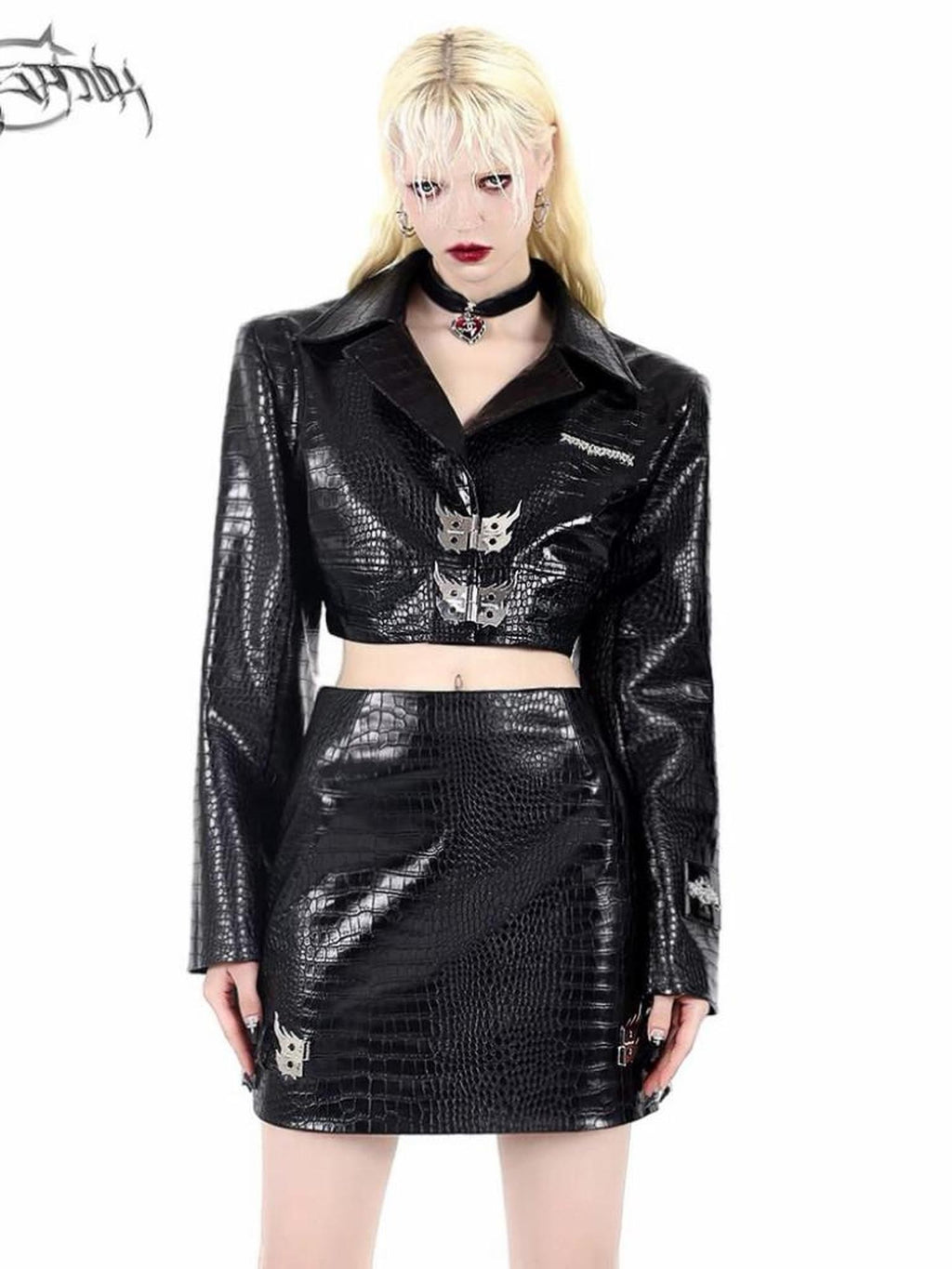 PINKSPINK Flame Snap Button Motorcycle Street Women's Leather Matching Skirt Sets