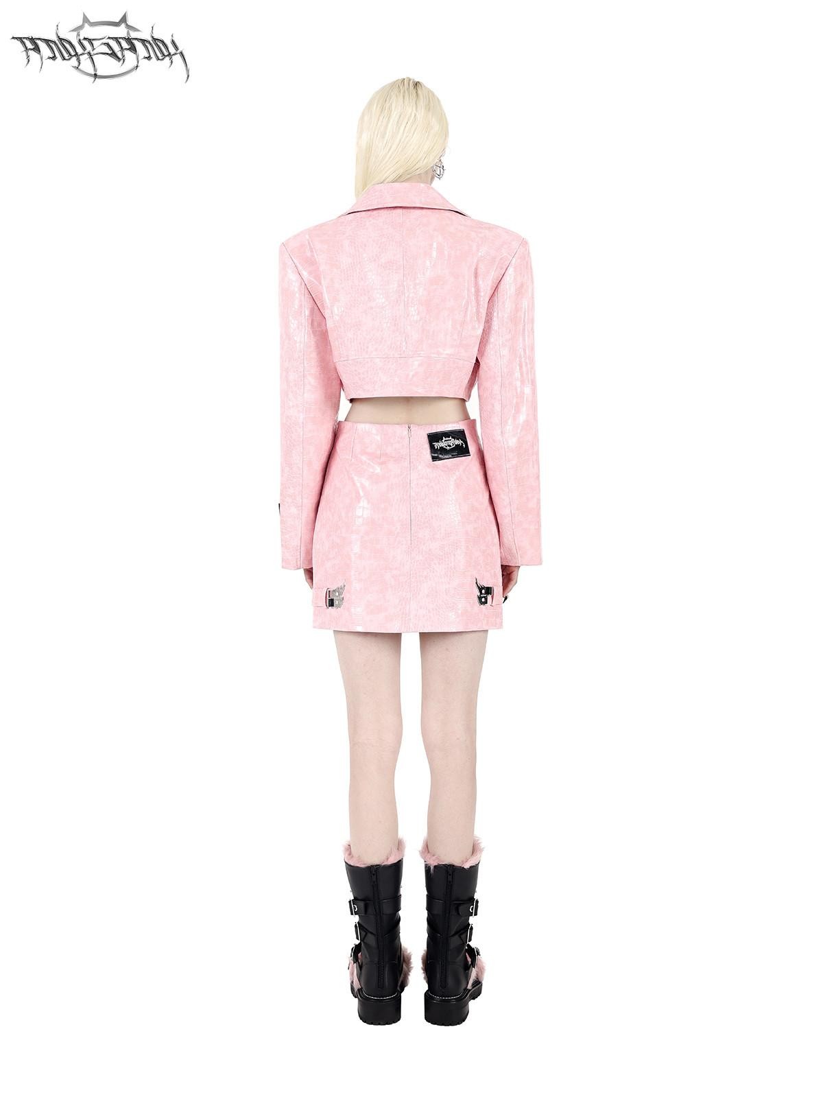 PINKSPINK Flame Snap Button Motorcycle Street Women's Leather Matching Skirt Sets