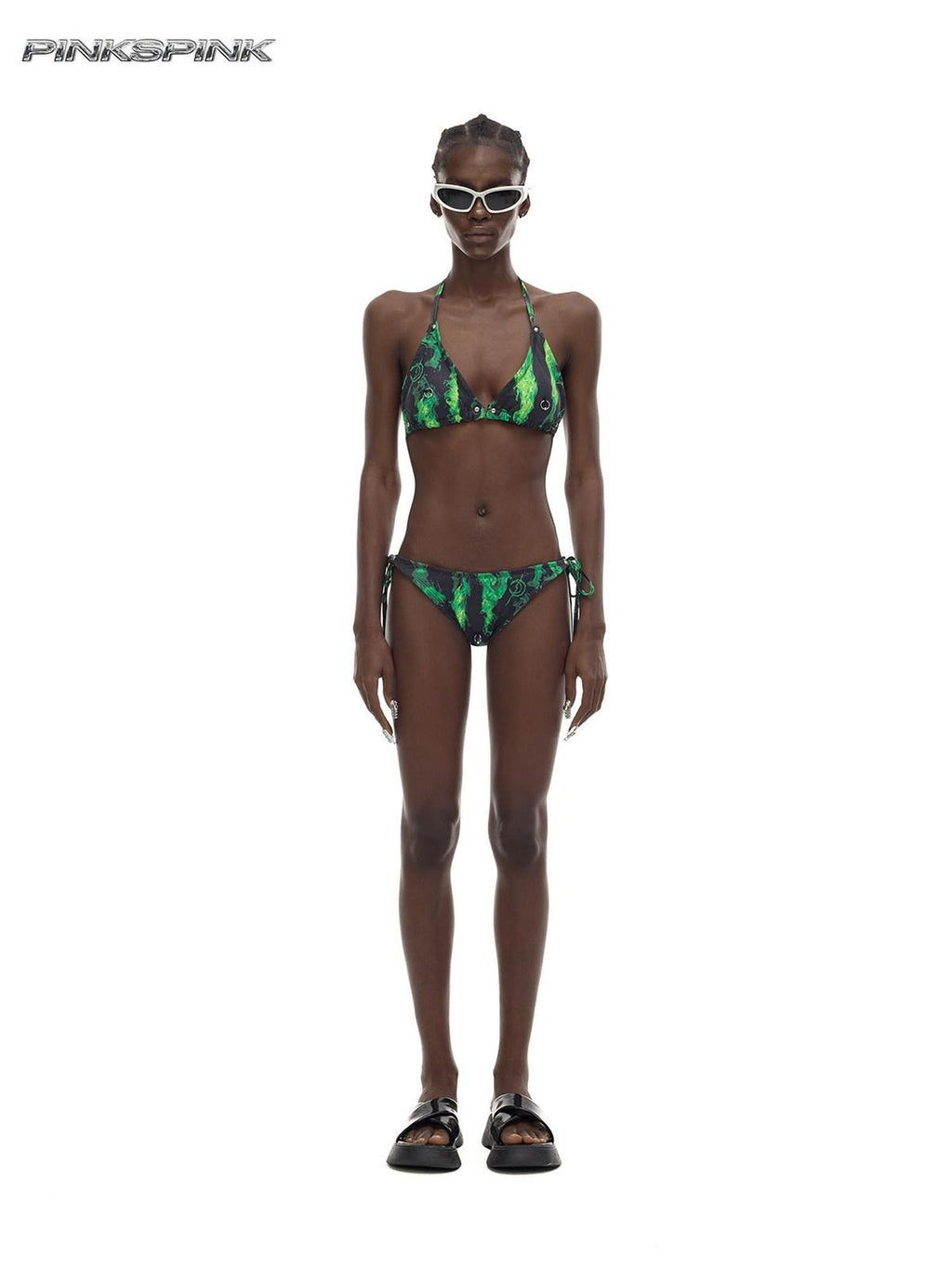 PINKSPINK Fluorescent Green Flame Ring Detail Women's Polyester Triangle Bikinis