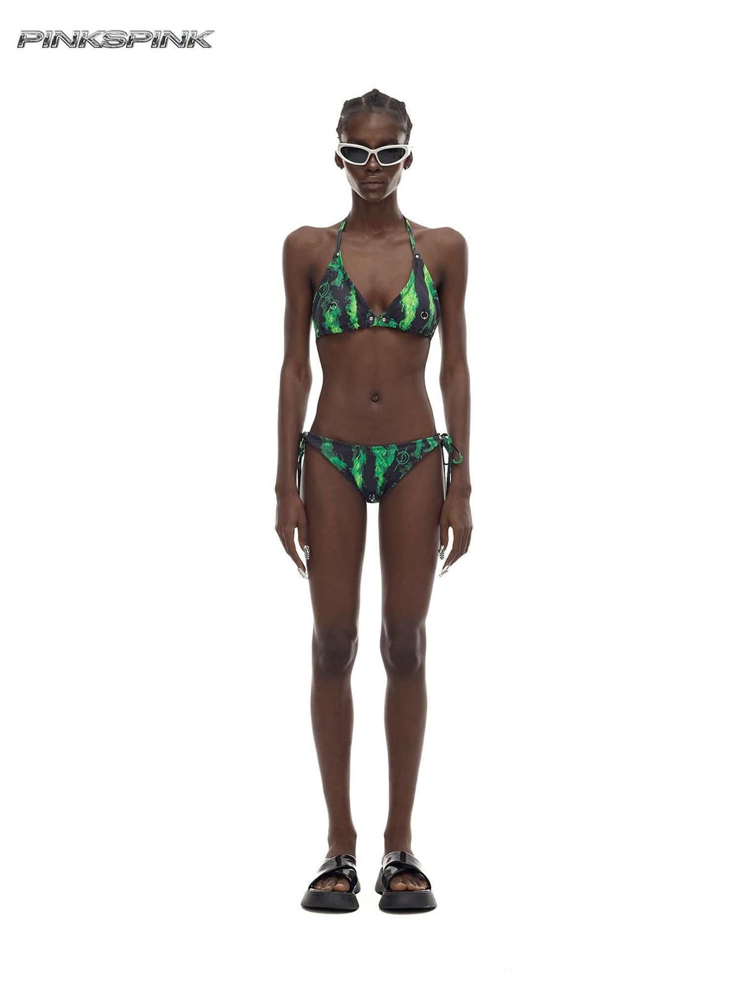 PINKSPINK Fluorescent Green Flame Ring Detail Women's Polyester Triangle Bikinis