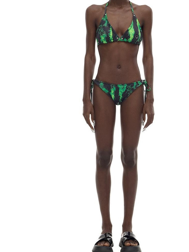 PINKSPINK Fluorescent Green Flame Ring Detail Women's Polyester Triangle Bikinis