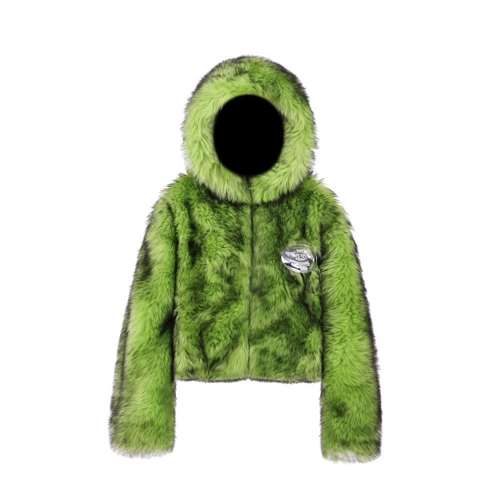 PINKSPINK_Fluorescent_Green_Splice_Reversible_Boxy_Hooded_Women's_Faux_Fur_Cropped_Jackets_747608033045_MISSTT