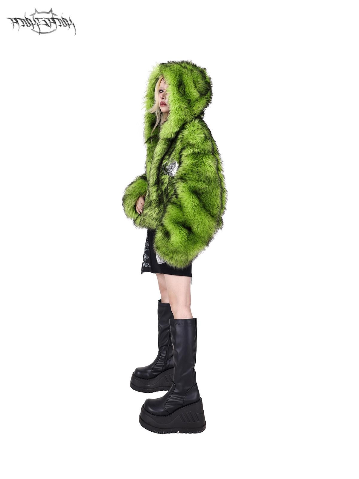 PINKSPINK Fluorescent Green Splice Reversible Boxy Hooded Women's Faux Fur Cropped Jackets