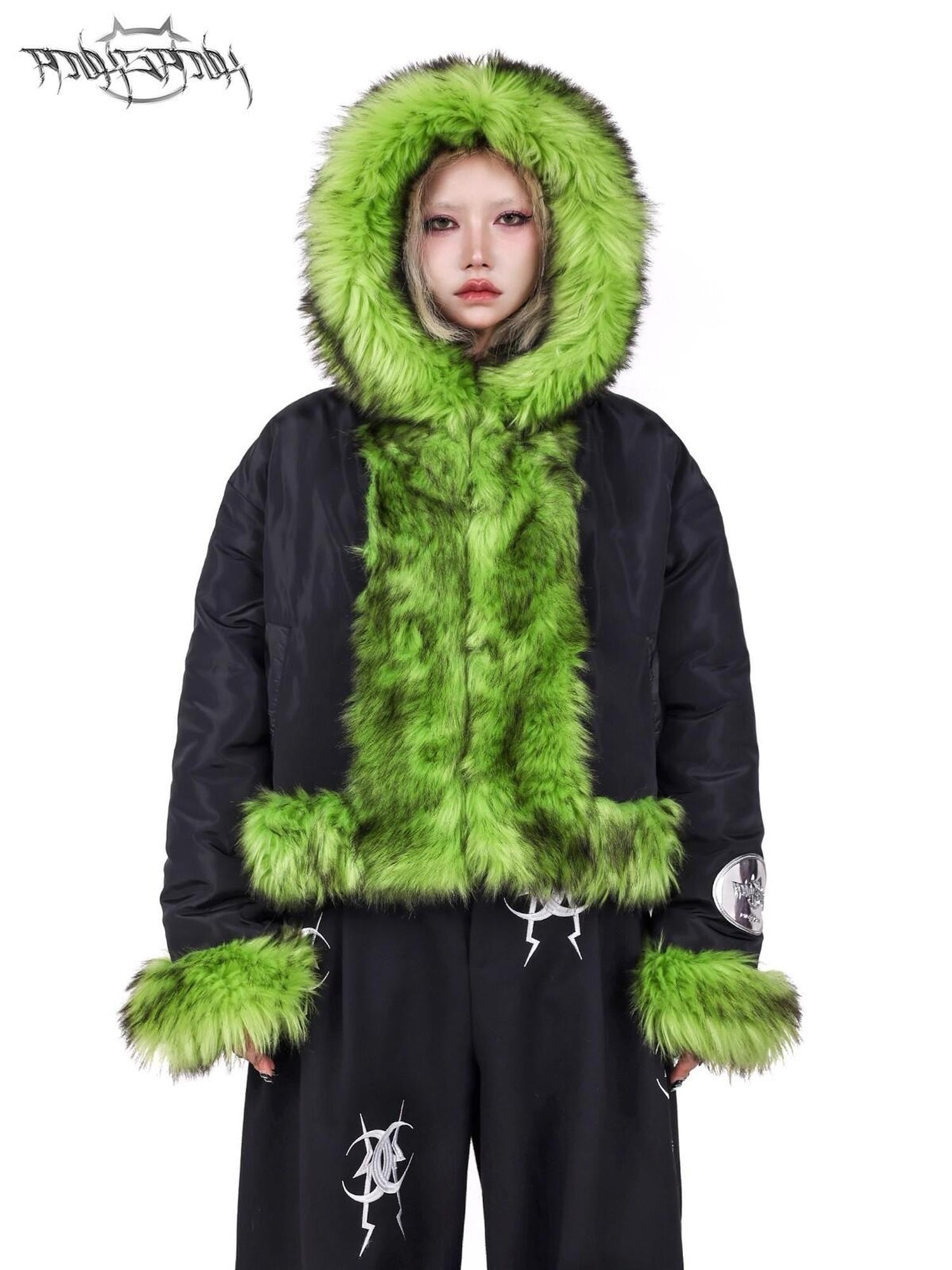 PINKSPINK Fluorescent Green Splice Reversible Boxy Hooded Women's Faux Fur Cropped Jackets