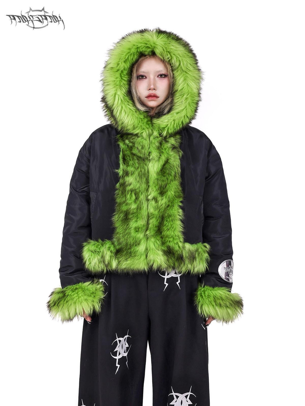 PINKSPINK Fluorescent Green Splice Reversible Boxy Hooded Women's Faux Fur Cropped Jackets