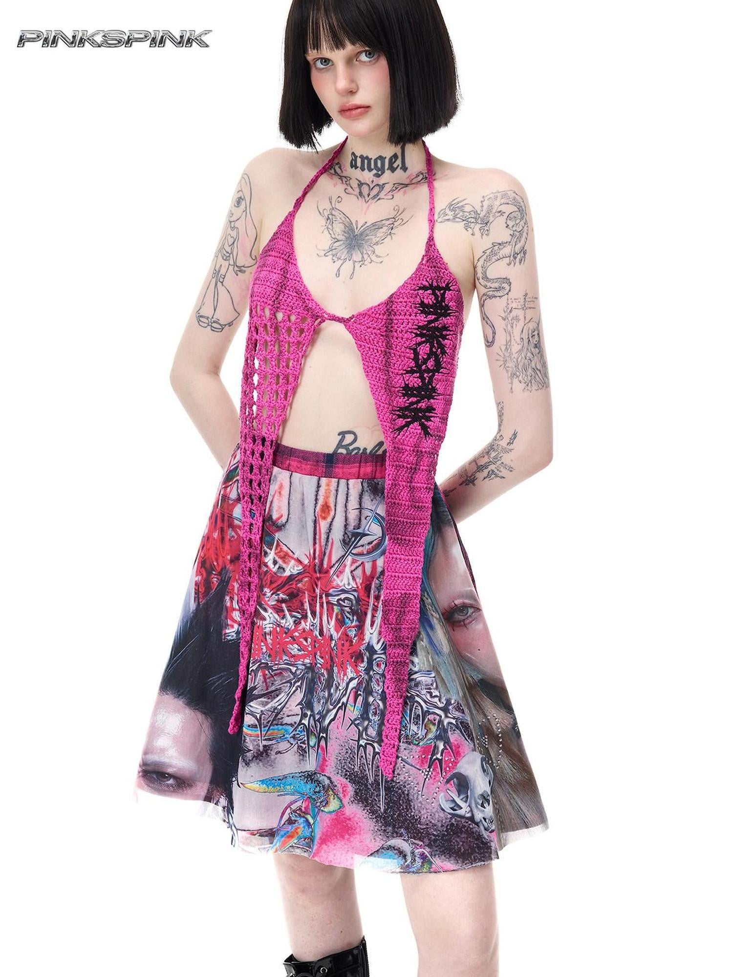 PINKSPINK Four Point Star Thorn Embroidered Strappy V-neck Women's Cotton Knit Halter Tops