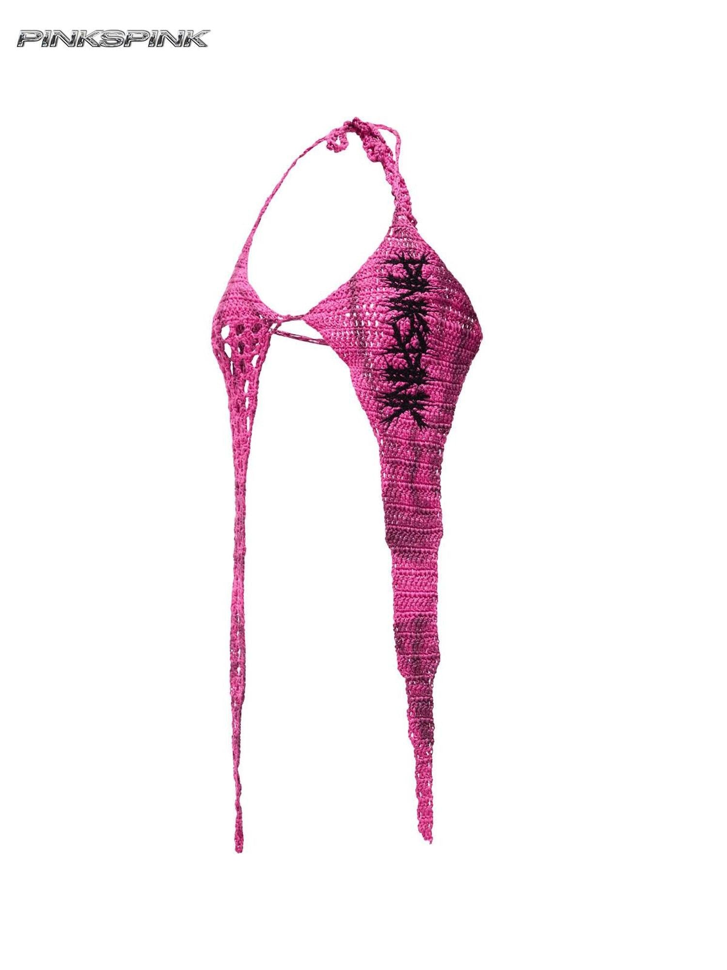 PINKSPINK Four Point Star Thorn Embroidered Strappy V-neck Women's Cotton Knit Halter Tops