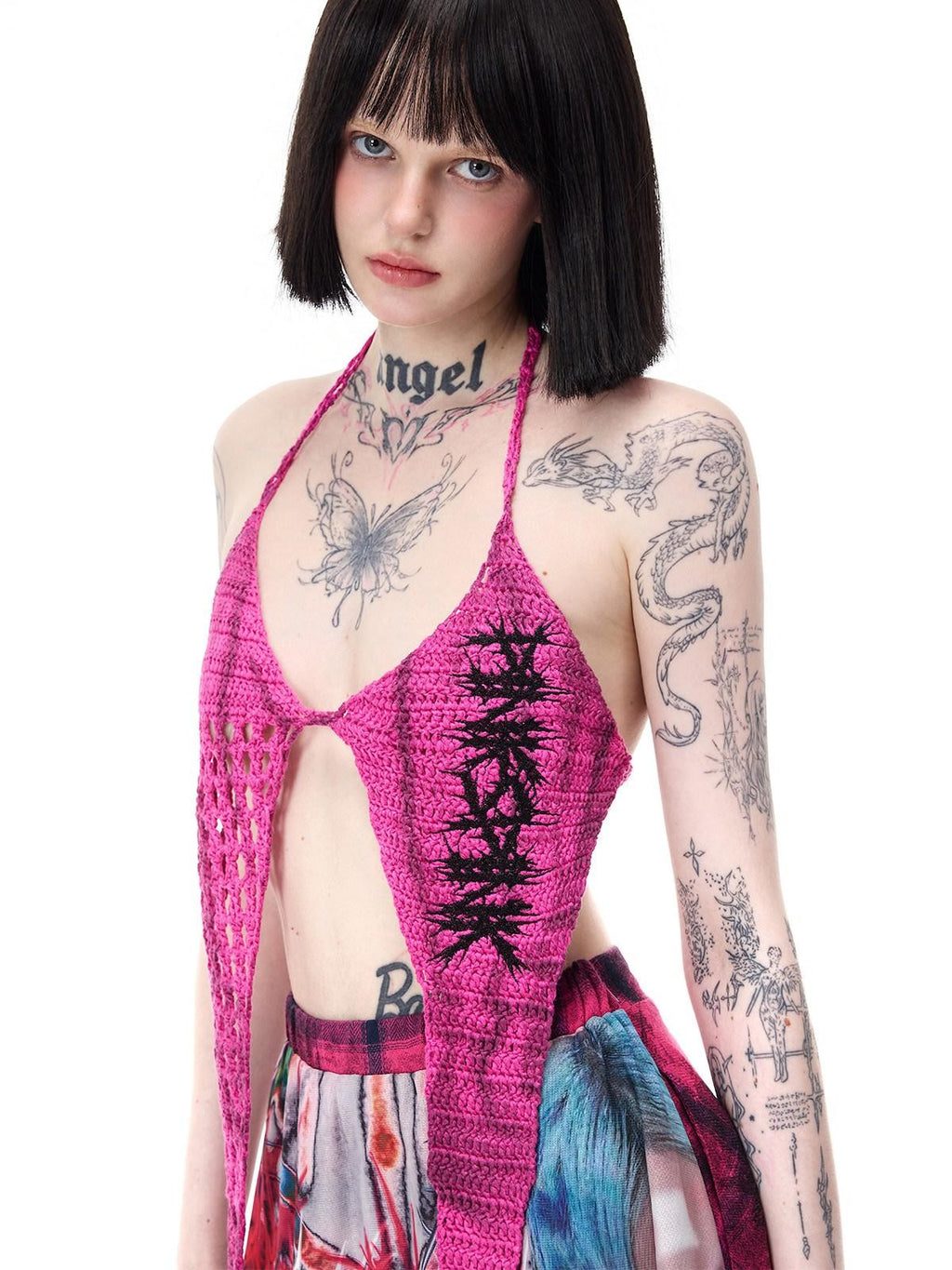 PINKSPINK Four Point Star Thorn Embroidered Strappy V-neck Women's Cotton Knit Halter Tops