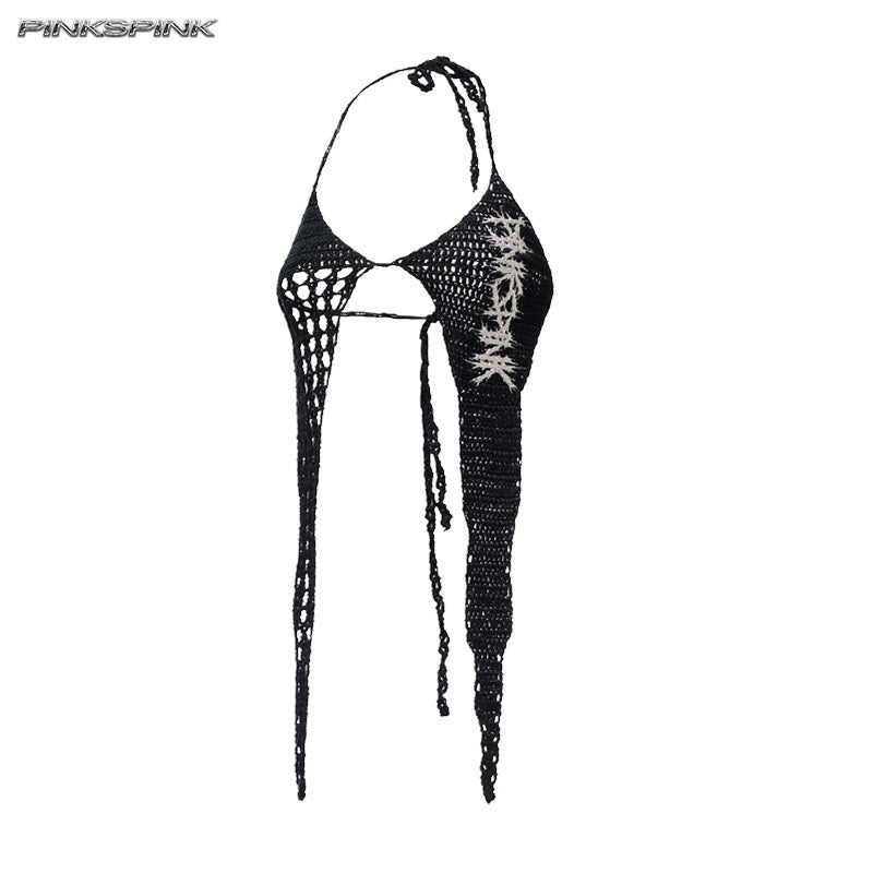 PINKSPINK_Four_Point_Star_Thorn_Embroidered_Strappy_Women's_Cotton_Knit_Halter_Tops_1046765725901_MISSTT