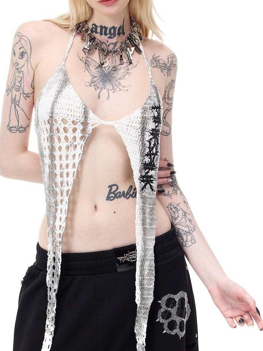 PINKSPINK Four Point Star Thorn Embroidered Strappy Women's Cotton Knit Halter Tops
