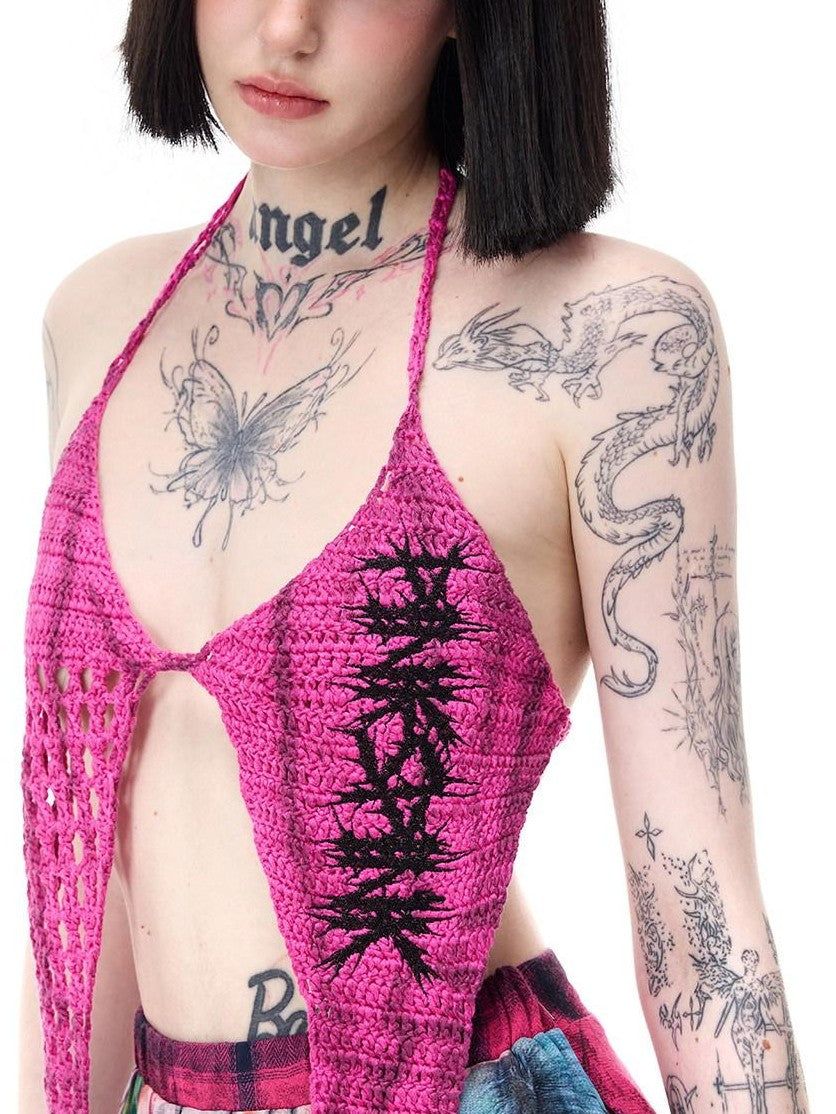 PINKSPINK Four Point Star Thorn Embroidered Strappy Women's Cotton Knit Halter Tops